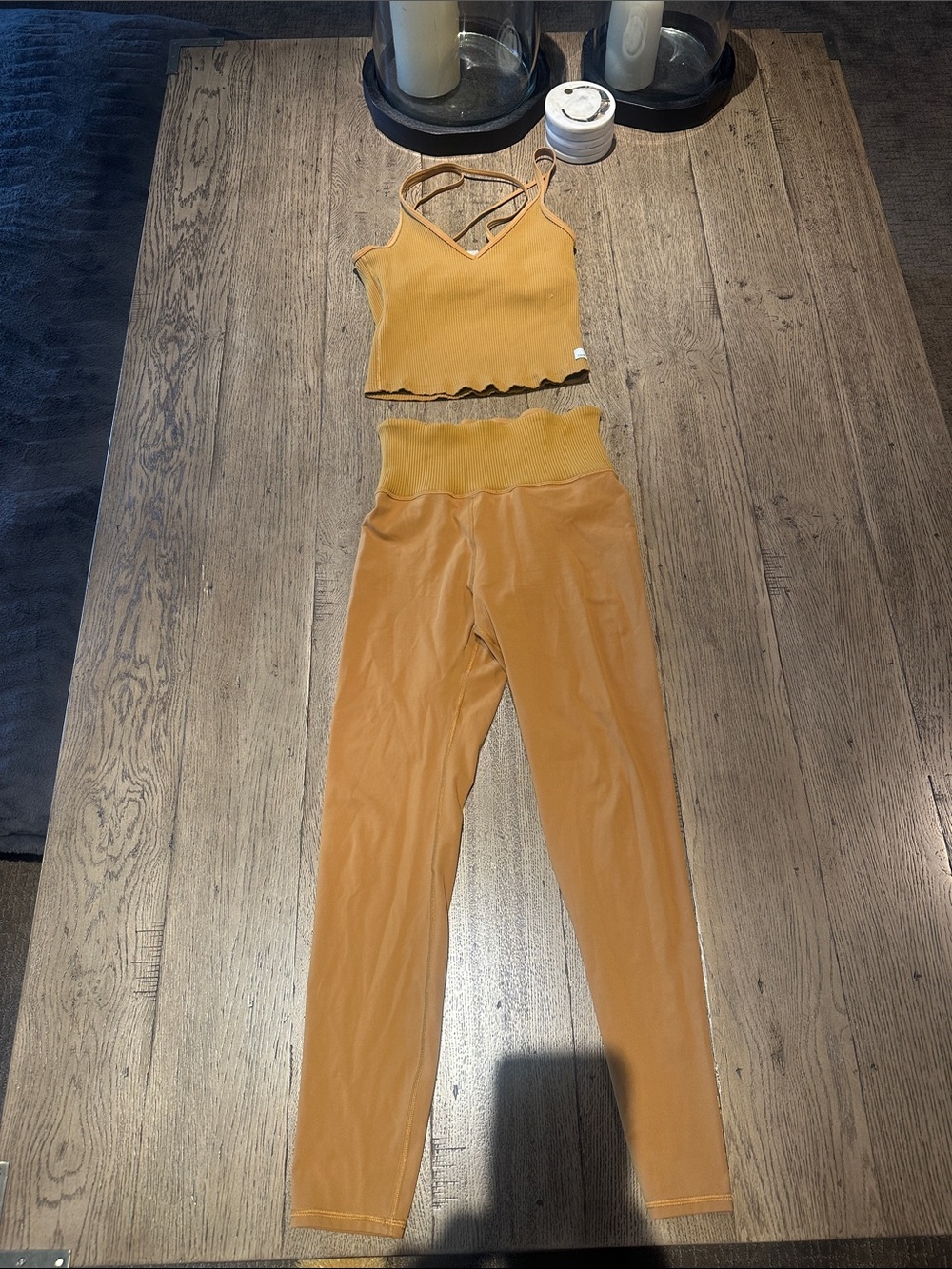 Vuori Mustard High-Waist Leggings with Cropped Strappy Tank